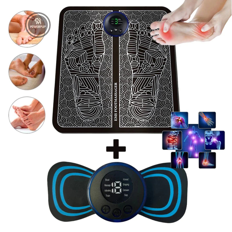 Kit Massageador Elétrico Portátil + Tapete Massageador para Pés e Corpo